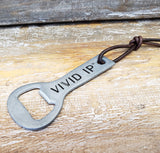 raw metal custom printed bottle opener with leather cord