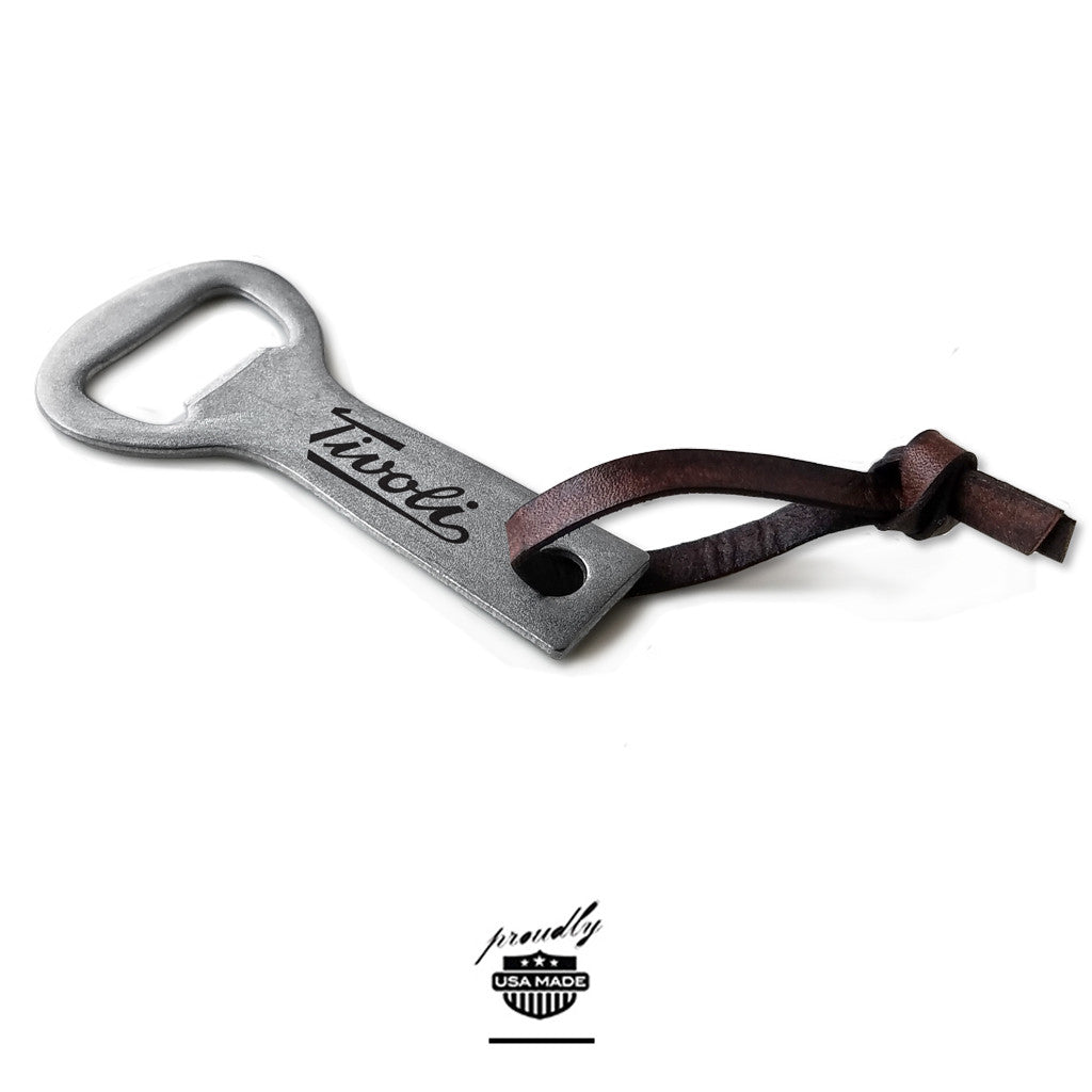 custom raw metal wrench bottle opener with leather cord usa made